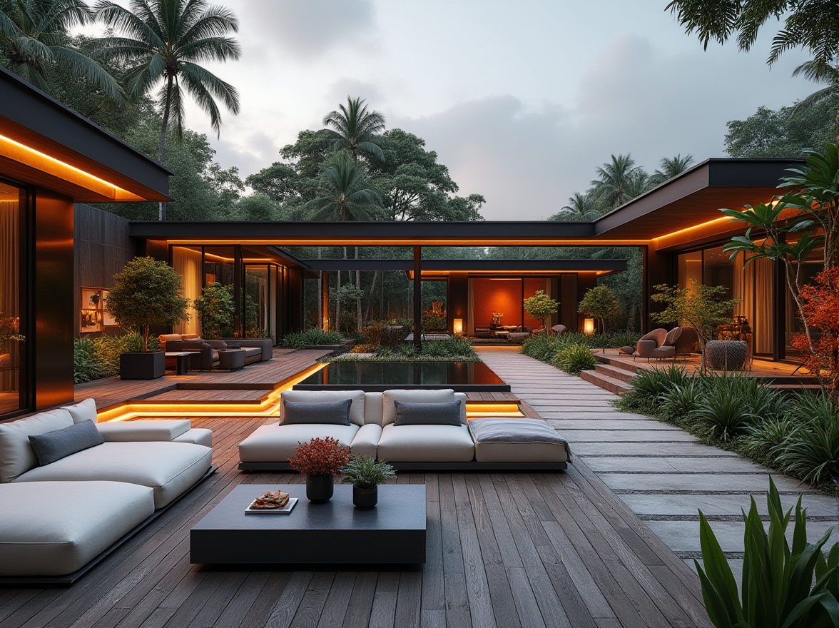 Prompt: Modern outdoor living space, luxurious villa, sleek lines, minimalist decor, geometric shapes, wooden deck, low-maintenance plants, ambient lighting, warm LED lights, sectional sofas, abstract art pieces, glass coffee tables, floor-to-ceiling windows, sliding doors, seamless indoor-outdoor transition, lush greenery, tropical palms, vibrant flowers, stone pathways, water feature, modern sculptures, panoramic view, 3/4 composition, soft focus, cinematic atmosphere.