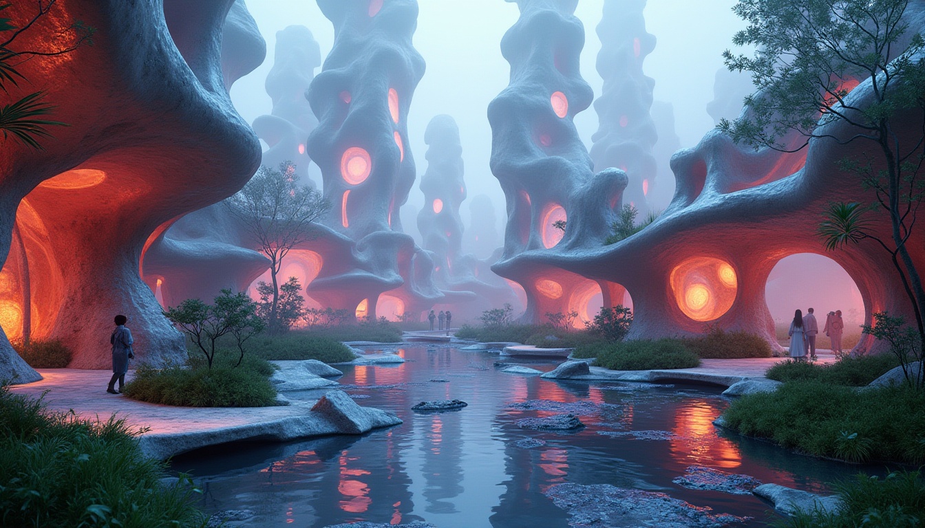 Prompt: Wetland design, postmodernism style, abstract shapes, irregular forms, fragmented structures, reflective surfaces, metallic materials, neon lights, vibrant colors, abstract sculptures, winding paths, water features, aquatic plants, misty atmosphere, dramatic lighting, low-angle shot, 3/4 composition, soft focus, shallow depth of field, futuristic ambiance.