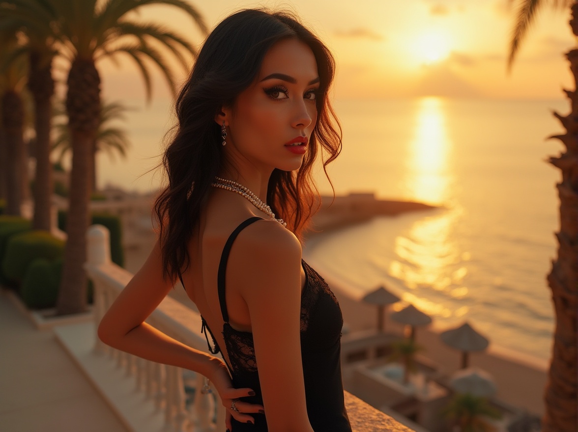 Prompt: Beach Renaissance style, luxurious villa, palm trees, Mediterranean Sea, sunset time, golden light, warm atmosphere, elegant lady, 25yo, black hair, wavy hairstyle, bright red lips, glamorous eye makeup, black eyeliner, thin eyebrows, tanned skin, beautiful detailed hands, long nails, black ring, pearl necklace, low-cut black dress, lace back, high heels, standing, looking out at the sea, posing with one hand on hip, confident posture, dramatic lighting, strong contrast, 3/4 composition, cinematic mood.