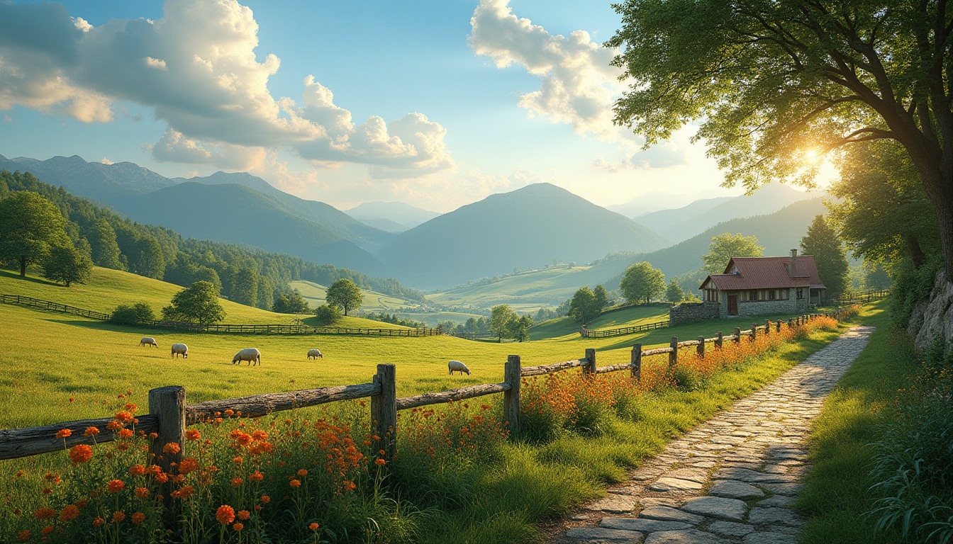 Prompt: Rural landscape, harmonious atmosphere, rolling hills, green pastures, small village, traditional farmhouse, wooden fence, wildflowers blooming in vibrant colors, few sheep grazing peacefully, clear blue sky with scattered white clouds, warm sunlight casting long shadows, old trees providing shade, stone-paved winding path, serene and quiet environment, natural and idyllic, 3/4 composition, soft focus, cinematic lighting, depth of field, peaceful ambiance.