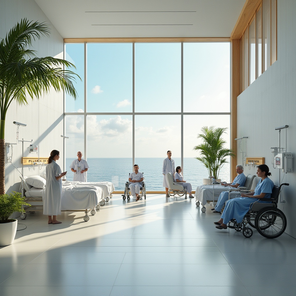 Prompt: Coastal healthcare center, modern architecture, white walls, large windows, Chukum material interior, wooden accents, natural lighting, ocean views, medical staff, nurses, doctors, patients, wheelchairs, medical equipment, IV drips, hospital beds, calm atmosphere, gentle sea breeze, sound of seagulls, beachside palm trees, sunny day, blue sky, fluffy white clouds, 3/4 composition, soft focus, warm color tone, realistic texture.