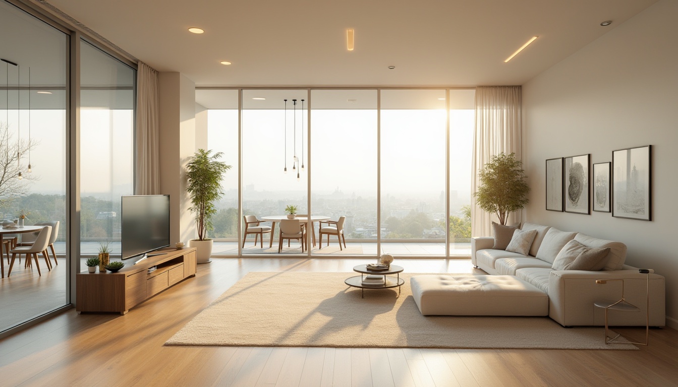 Prompt: Modern minimalist living room, spacious open-plan area, functional layout, sleek lines, monochromatic color scheme, cream-colored walls, polished wooden floors, low-profile furniture, geometric shapes, metallic accents, floor-to-ceiling windows, panoramic city view, urban jungle background, morning sunlight, soft shadows, cinematic composition, 3/4 framing, warm ambient lighting.