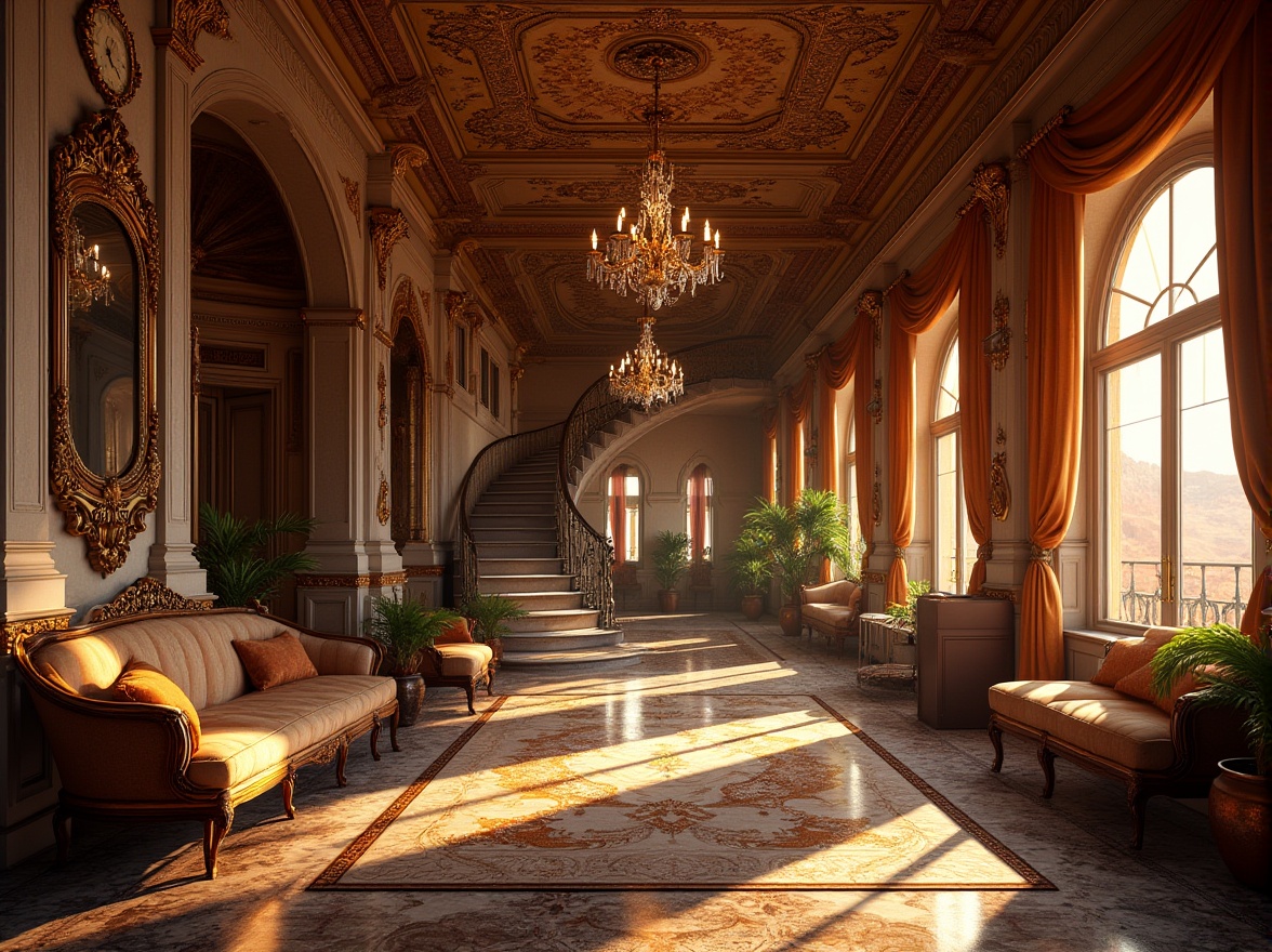 Prompt: Grand, luxurious canyon-inspired interior, Baroque style, intricate ornate details, golden accents, marble floors, high ceilings, sweeping arches, grand staircase, lavish chandeliers, vintage train station atmosphere, nostalgic ambiance, warm lighting, rich textures, ornate mirrors, Victorian-era inspired furniture, patterned rugs, old clocks, steam engine elements, distressed wood, metal rivets, luxurious velvet drapes, grand windows with canyon views, dramatic angles, cinematic composition, warm sunset light, soft focus.