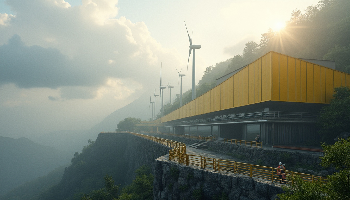 Prompt: Mountainous energy plant, modern architecture, light yellow color scheme, sleek metal panels, angular lines, towering turbines, misty atmosphere, foggy morning, soft warm lighting, gentle rays of sunlight peeking through clouds, lush greenery surrounding the base, rugged stone walls, industrial pipes, stainless steel railings, safety helmets and vests on workers in the distance, panoramic view, 3/4 composition, cinematic mood.