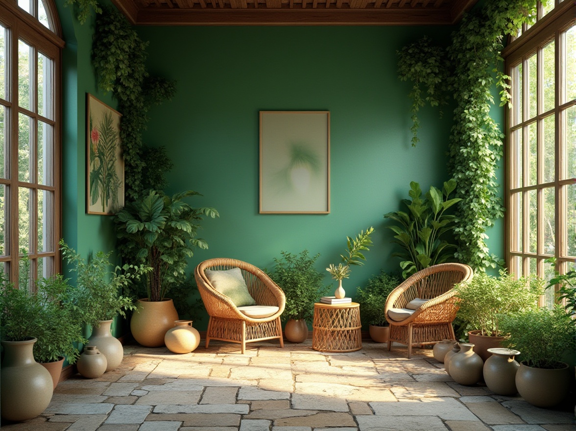 Prompt: Vibrant green walls, leafy vines crawling up, lush potted plants, natural stone flooring, wooden accents, earthy toned furniture, woven wicker chairs, botanical prints, nature-inspired sculptures, morning sunlight pouring in, soft warm lighting, cozy reading nook, floor-to-ceiling windows, serene atmosphere, peaceful ambiance.