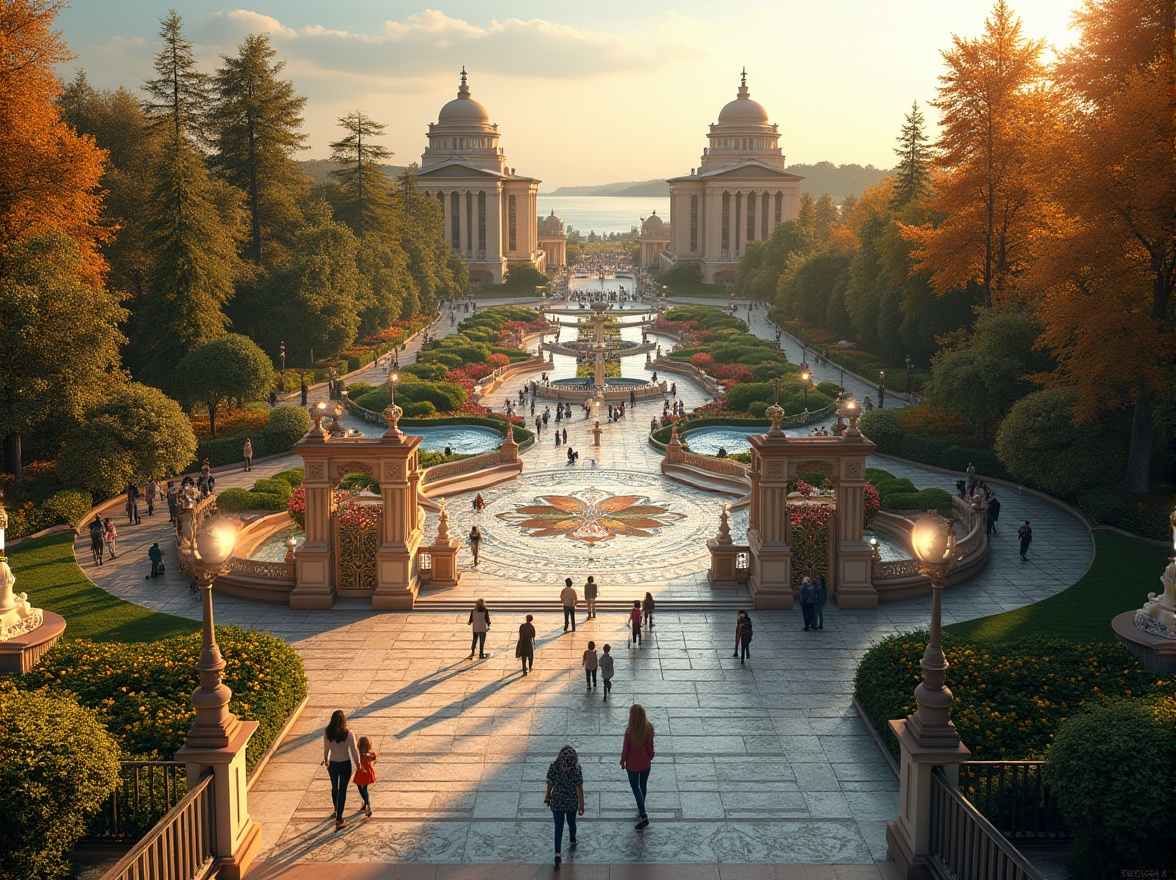 Prompt: Byzantine-inspired park, grand entrance with ornate bronze gates, intricate mosaics on pavement, lush greenery surrounded by ornamental fountains, majestic stone columns with carved capitals, vibrant floral patterns on benches, walking paths lined with lanterns, golden lighting at dusk, warm atmosphere, people strolling leisurely, children playing near a large Byzantine-style playground, serene lake in the background, distant trees with autumn foliage, panoramic view, 3/4 composition, soft focus.