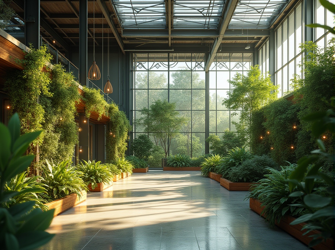 Prompt: Industrial warehouse, green architecture style, modern minimalist design, abundant natural light, lush greenery, living walls, vertical gardens, eco-friendly materials, reclaimed wood accents, metal beams, skylights, solar panels, wind turbines, tranquil atmosphere, serene ambiance, 3/4 composition, soft diffused lighting, warm colors, nature-inspired textures.