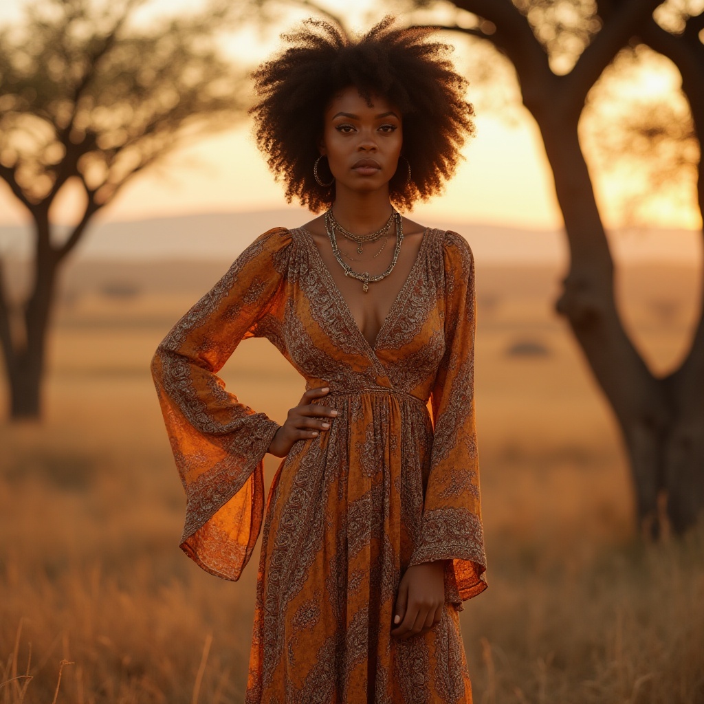 Prompt: Savannah-inspired, Afro-chic lady, curly natural hair, earthy tones makeup, flowy maxi dress, V-neckline, bell sleeves, layered necklace, African print patterns, standing, one leg bent, hands on hips, confident pose, Acacia trees, sun-kissed savannah, golden hour lighting, warm atmosphere, soft focus, shallow depth of field, natural textures, earthy colors palette.