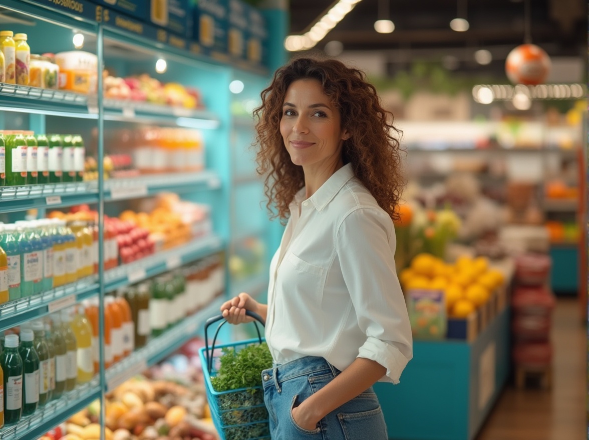 Prompt: Vibrant colored glass shelves, modern grocery store interior, rows of products reflected, soft box lighting, warm ambiance, mature lady, 30s, casual wear, jeans, white shirt, curly brown hair, subtle makeup, gentle smile, holding shopping basket, standing, aisle, colorful packaged goods, jars, bottles, cans, fresh produce, fruits, vegetables, flowers on shelves, blurred background, shallow depth of field, realistic, still life, product photography.