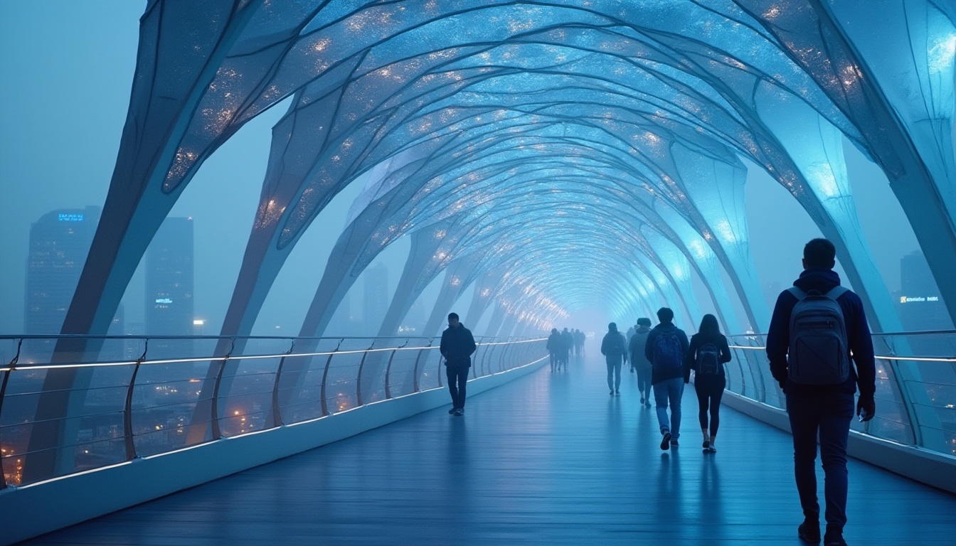 Prompt: Futuristic pedestrian bridge, innovative fabrics material, sleek modern design, urban cityscape, nighttime scene, soft blue ambient lighting, misty atmosphere, gentle fog, steel framework, translucent fabric canopy, iridescent colors, shimmering effects, pedestrian walking, urban dwellers, casual outfits, backpacks, smartphones, contemporary architecture, metallic accents, LED lights, 3/4 composition, cinematic angle, deep depth of field.