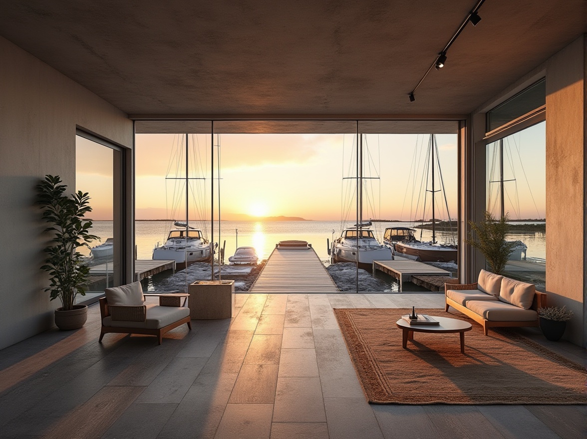 Prompt: Modern boathouse, luxurious, waterfront, wooden dock, sailboats, yachts, plastered concrete walls, smooth finish, minimalist decor, floor-to-ceiling windows, sliding glass doors, panoramic view, lake or ocean scenery, sunset ambiance, warm lighting, rustic wooden accents, nautical ropes, potted plants, calm atmosphere, 3/4 composition, soft focus, cinematic mood.