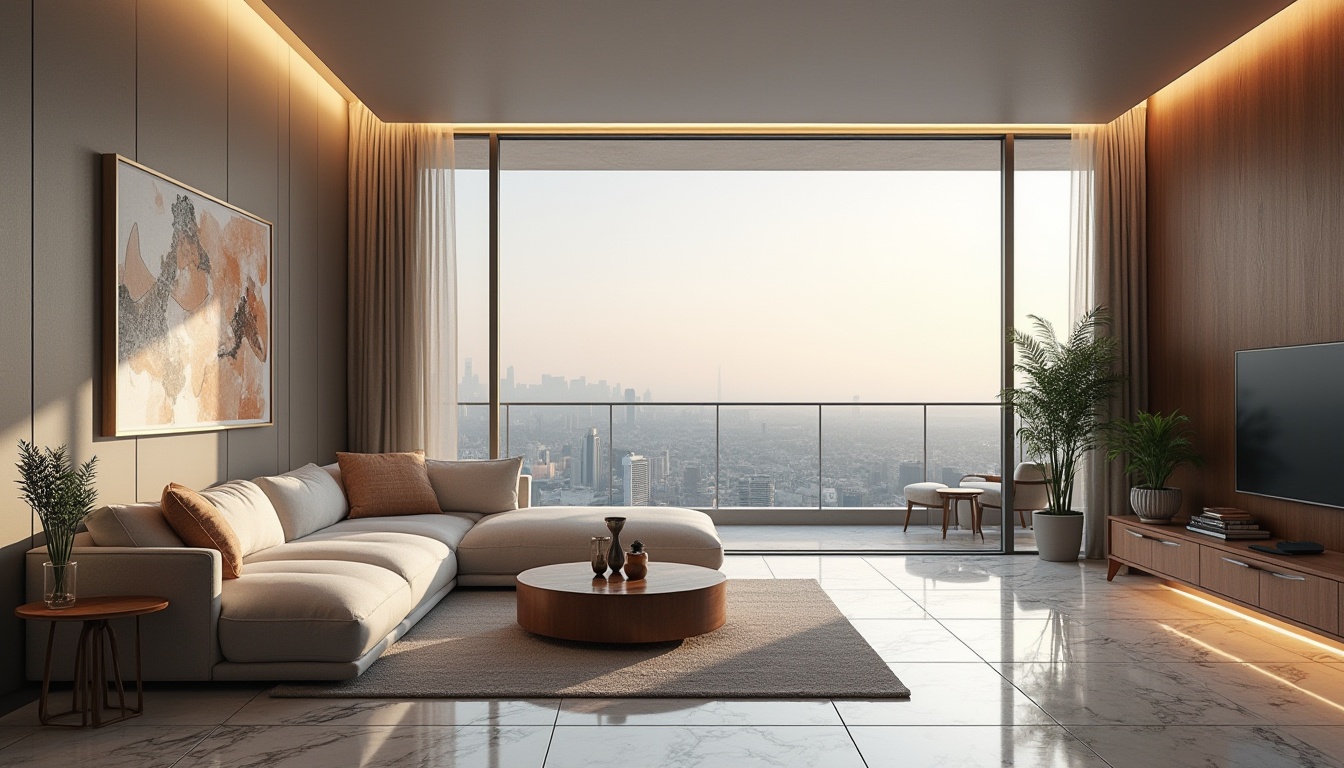 Prompt: Modern minimalist interior design, luxurious living room, sleek lines, marble flooring, floor-to-ceiling windows, panoramic city view, ambient softbox lighting, comfortable sectional sofa, abstract artwork, potted plants, wooden coffee table, metallic legs, cozy atmosphere, 3/4 composition, warm color palette, inviting ambiance.