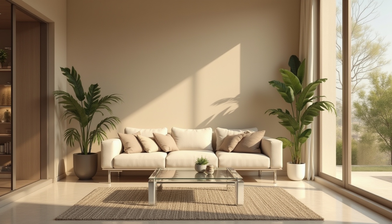 Prompt: Modern interior design, luxurious villa, glass coffee table, fibreglass material, smooth texture, transparent legs, minimalist style, softbox lighting, warm beige walls, potted plants, natural fiber rug, comfortable sofa, 3/4 composition, shallow depth of field, realistic rendering, afternoon sunlight, elegant atmosphere.