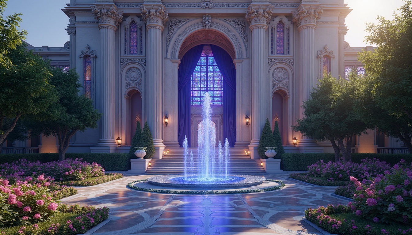 Prompt: Monumental architecture, grandiose structure, incorporating blue violet color, majestic pillars, ornate carvings, intricate stone patterns, glowing stained glass windows, regal entrance, sweeping staircase, luxurious velvet drapes, ornamental fountain, surrounding lush greenery, blooming flowers, vibrant flower beds, serene atmosphere, warm afternoon sunlight, soft focus, cinematic composition, symmetrical framing, 3/4 view.