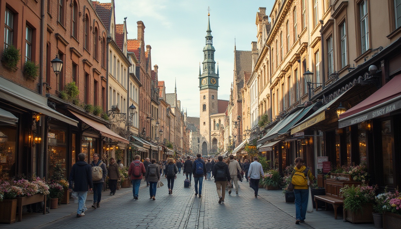 Prompt: Commercial district, vernacular architecture, traditional European style, old town, cobblestone streets, ornate facades, grand clock tower, bustling street scene, people walking in all directions, shopping bags and briefcases, street lamps, flower stands, cafe tables, wooden benches, historic atmosphere, warm afternoon sunlight, soft shadows, 3/4 composition, shallow depth of field, vibrant colors, realistic textures.