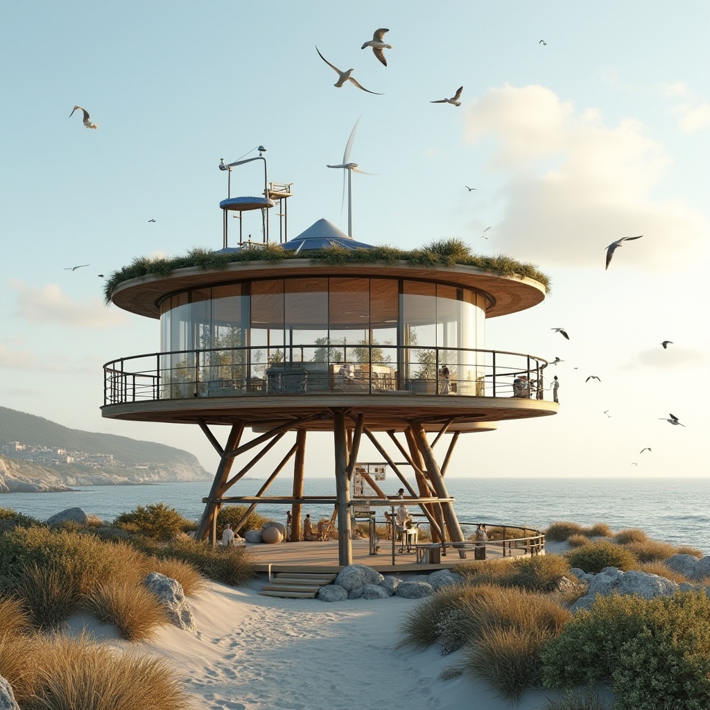 Prompt: Sustainable watching tower, coastal scenery, modern minimalist architecture, steel frame, reclaimed wood, solar panels, green roof, wind turbines, circular shape, panoramic view, 360-degree observation deck, binoculars, telescopes, interactive exhibits, educational signs, eco-friendly materials, low-carbon footprint, energy-efficient systems, natural ventilation, large windows, ocean-inspired color palette, driftwood accents, seaside plants, sandy dunes, rocky shores, seagulls flying overhead, soft golden lighting, serene atmosphere.