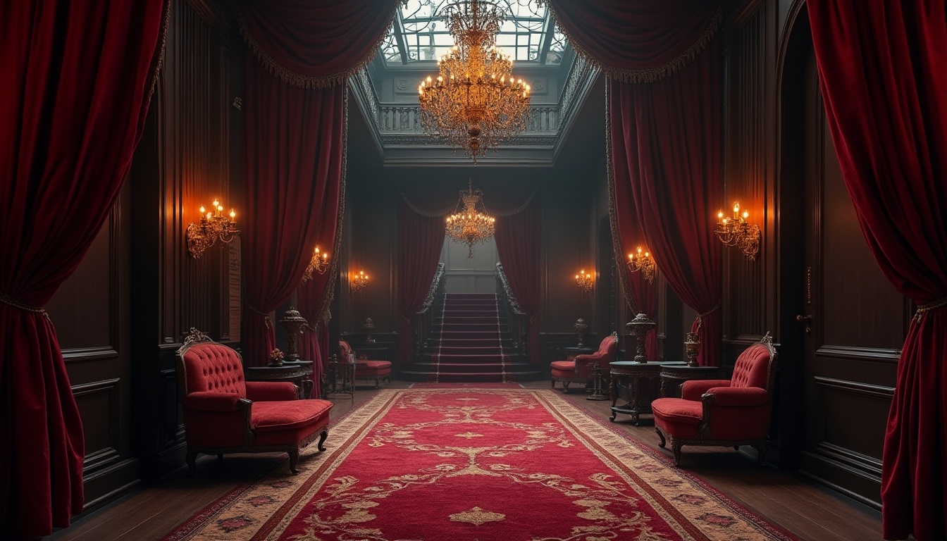 Prompt: Dark, mysterious hotel lobby, grand chandelier, velvet drapes, ornate furnishings, luxurious fabrics, crimson red carpet, golden accents, intricate patterns, heavy curtains, regal atmosphere, dim lighting, Victorian-era inspired, mysterious shadows, dramatic archways, lavish decor, mysterious corridors, grand staircase, dark wood paneling.