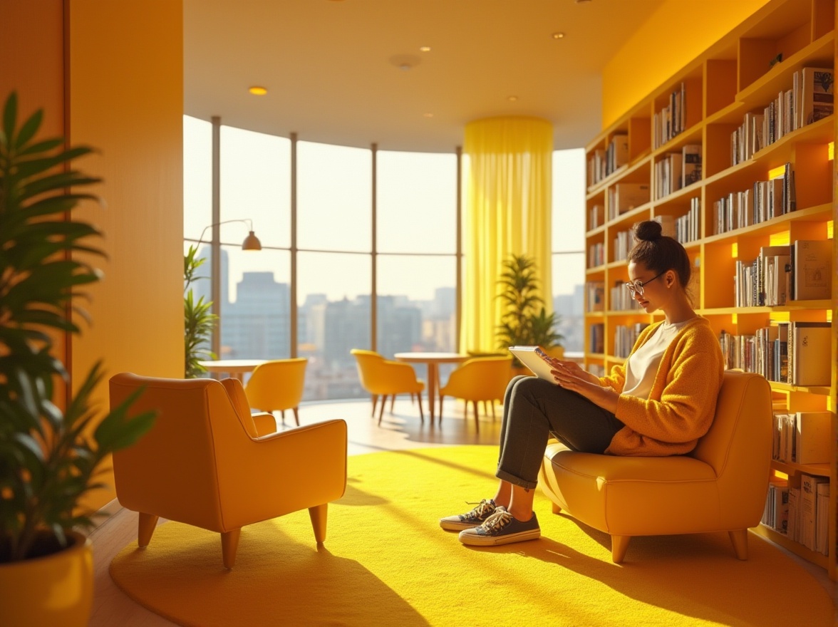 Prompt: Bright yellow accents, modern library interior, comfortable reading nook, warm yellow floor lamps, bookshelves with yellow-painted edges, cozy yellow armchairs, circular wooden tables with yellow legs, yellow-rimmed glasses on a reader's face, soft yellow carpet, natural light pouring in through large windows, panoramic view of the cityscape outside, 3/4 composition, shallow depth of field, vibrant color contrast, warm and inviting atmosphere.