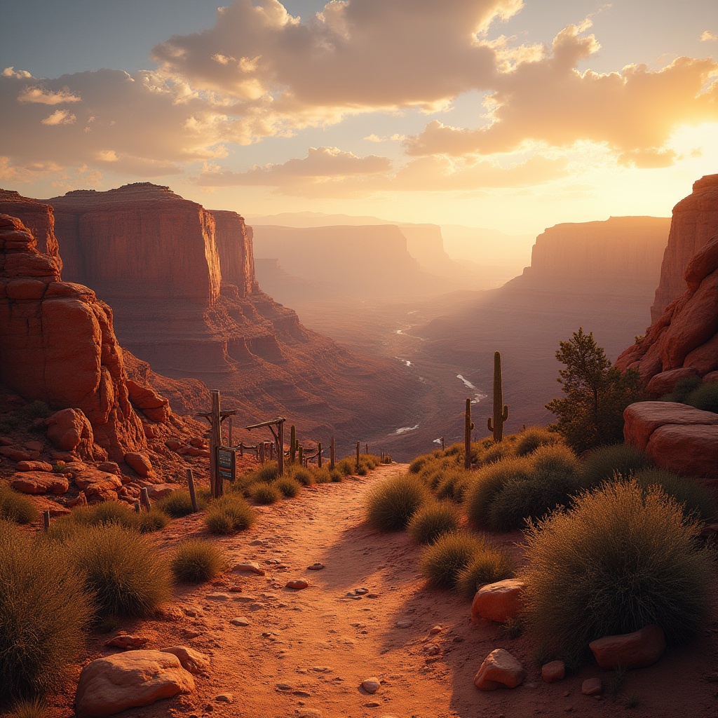 Prompt: Canyon-inspired atmosphere, grand canyon, vibrant orange-red rock formations, wispy clouds, vast open space, endless horizon, dramatic lighting, warm sunset glow, rocky terrain, sparse desert vegetation, cacti, few distant trees, winding dirt path, old wooden signposts, weathered wooden bridge, serene ambiance, cinematic composition, 3/4 shot, soft focus on background.