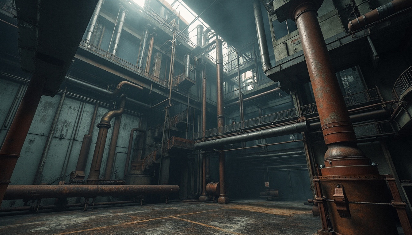 Prompt: Industrial building, modern architecture, expressionist style, bold geometric shapes, exposed pipes and ductwork, metallic materials, rusty tones, distressed textures, dramatic lighting, low-angle shot, atmospheric smoke, foggy ambiance, abandoned factory, urban decay, brutalist elements, concrete structures, steel beams, mechanical details, vintage machinery, intricate networks, complex composition, moody colors, cinematic mood, high contrast.