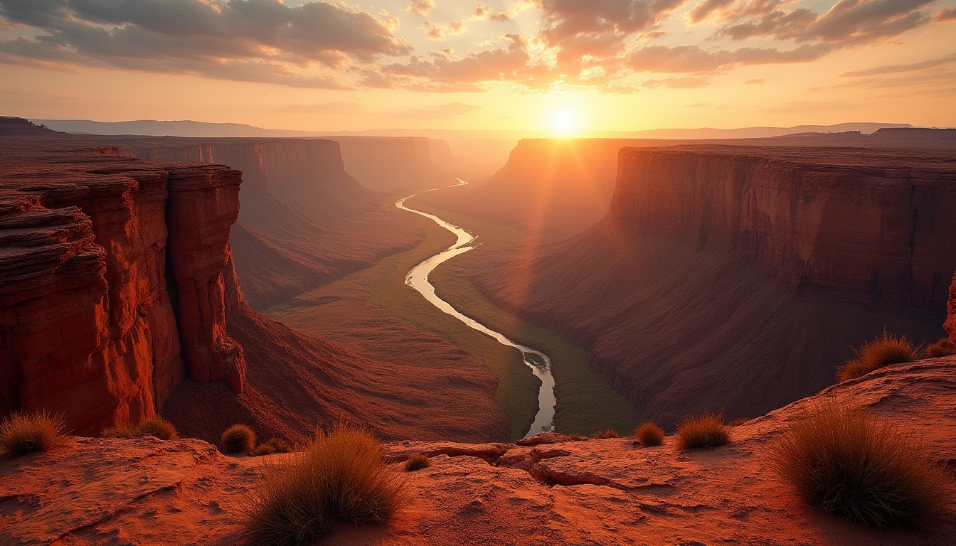 Prompt: Canyon landscape, vast desert, rocky cliffs, deep valleys, majestic grandeur, sunset time, warm orange light, long shadows, scattered cacti, sandy terrain, winding river, serene atmosphere, panoramic view, 3/4 composition, natural texture, high contrast, cinematic lighting.