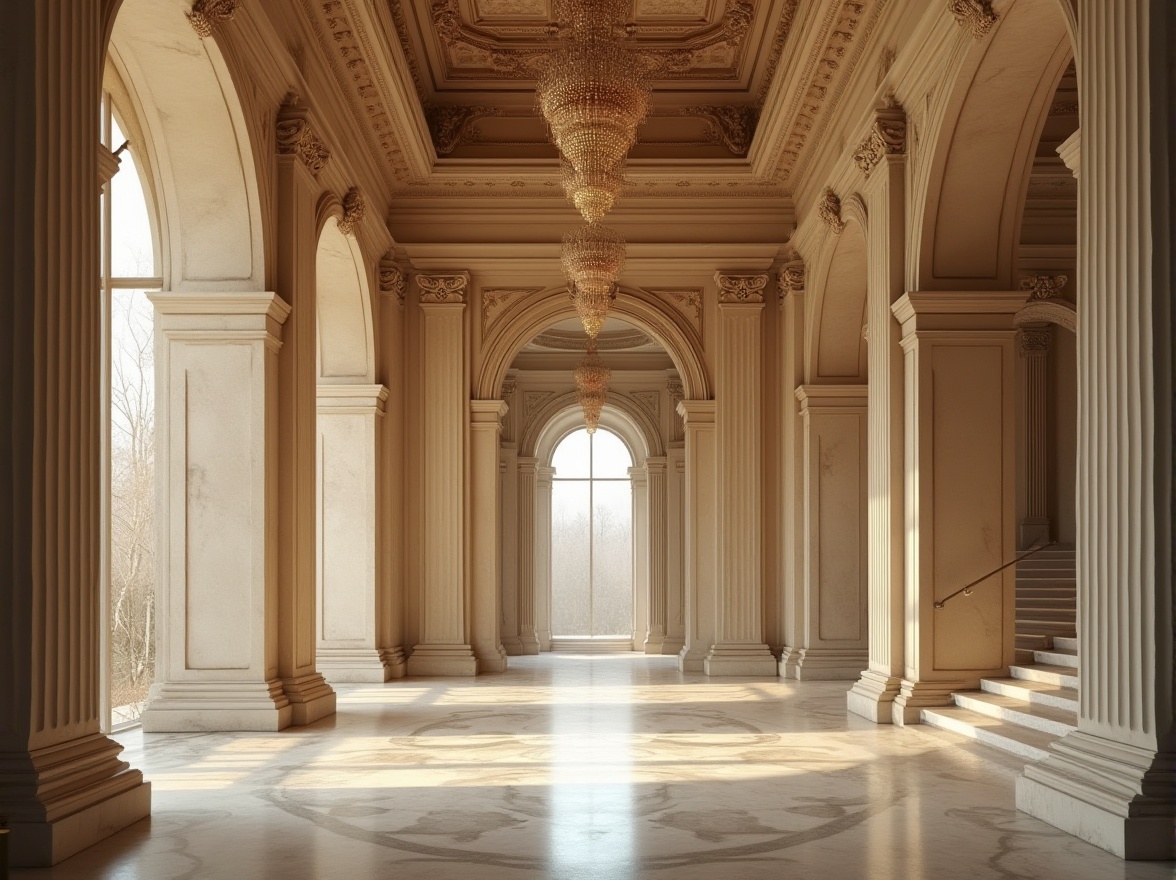 Prompt: Neoclassical building, grand entrance, ornate columns, intricate carvings, plastered concrete walls, rustic texture, cream-colored facade, symmetrical composition, central archway, grand staircase, crystal chandelier, marble flooring, lavish interior, dramatic lighting, morning sunlight, soft shadows, atmospheric perspective, realistic rendering, cinematic mood.