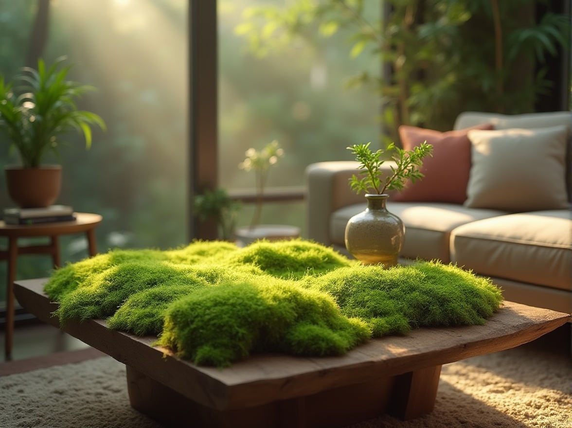 Prompt: Moss green, natural scenery, calm atmosphere, solo, decorative element, modern interior design, living room, coffee table, vase, potted plant, soft cushions, warm lighting, 3/4 composition, shallow depth of field, natural materials, earthy tone, texture detail, realistic rendering.