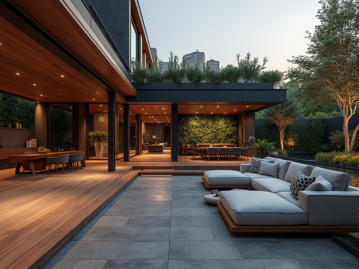 Prompt: Modern outdoor living space, luxurious villa, backyard oasis, sleek lines, minimal decor, wooden decking, grey stone flooring, built-in seating area, plush sectional sofa, geometric patterned pillows, floor lamps, greenery walls, vertical garden, modern sculptures, abstract art pieces, city skyline view, sunset ambiance, warm string lights, ambient lighting, 3/4 composition, soft focus background, natural texture.