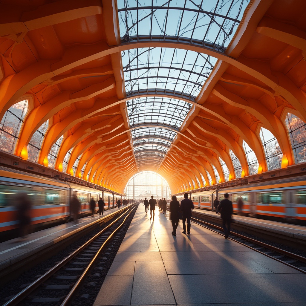 Prompt: Vibrant orange, bold architectural design, futuristic train station, large glass roof, steel beams, modern metal pillars, sleek LED lights, dynamic curves, abstract patterns, urban cityscape, bustling atmosphere, rush hour scene, people in motion, blur effect, shallow depth of field, warm lighting, high contrast, dramatic shadows.