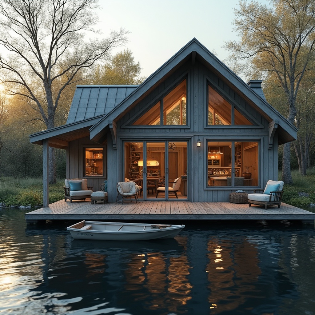 Prompt: Boathouse, gray color, lake house, wooden structure, rustic design, water reflection, surrounded by trees, calm atmosphere, afternoon sun, soft lighting, 3/4 composition, horizontal format, detailed wood texture, natural environment, peaceful ambiance, warm and cozy interior, nautical decorations, vintage accessories, comfortable furniture.