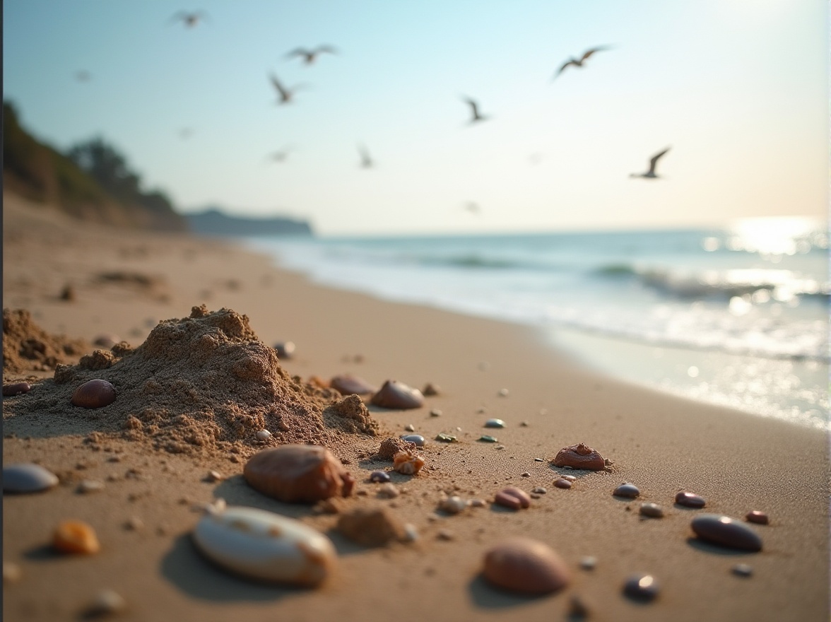 Prompt: Coastal scenery, mud material, sustainable design, earthy tone, natural texture, organic shape, irregular form, rough surface, weathered effect, beachside, ocean view, sunny day, clear sky, seagulls flying overhead, driftwood, shells, pebbles, sandy dunes, gentle waves, serene atmosphere, soft focus, warm lighting, shallow depth of field.