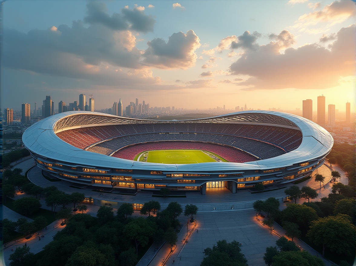 Prompt: Modern soccer stadium, structuralist architecture, futuristic curves, sleek lines, angular shapes, metallic materials, concrete foundation, vast open spaces, panoramic views, dramatic lighting, evening atmosphere, warm golden tones, dynamic composition, low-angle shot, symmetrical framing, bold geometric patterns, urban landscape, distant skyscrapers, lush greenery surrounding the stadium, vibrant team colors, energetic crowd atmosphere.