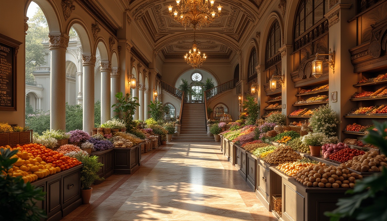 Prompt: Renaissance style, grocery store interior, ornate columns, arches, intricate carvings, luxurious chandeliers, grand staircase, fresco ceiling, marble floors, wooden shelves, vintage metal lanterns, elegant signage, rustic wooden crates, overflowing flower arrangements, lush greenery, warm golden lighting, dramatic shadows, 3/4 composition, soft focus background, Renaissance-inspired architectural details, ornate mirrors, refined product displays, upscale shopping atmosphere.