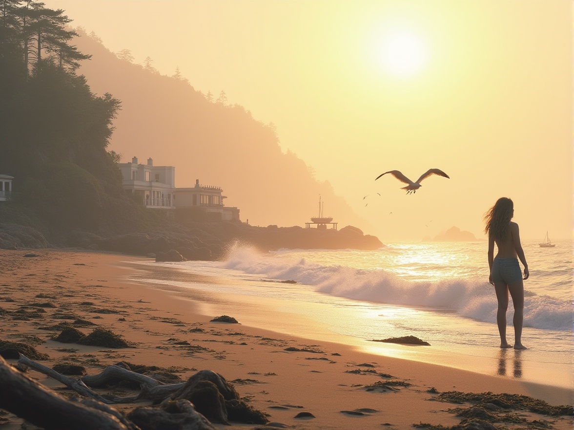 Prompt: Coastal landscape, serene atmosphere, golden hour, warm soft light, misty fog rolling in, driftwood scattered along sandy shore, seagulls flying overhead, a lone figure standing at the water's edge, wavy hair blown by sea breeze, casual beachwear, relaxed posture, hands in pockets, gentle ocean waves crashing, rocky formations, seaweed-covered stones, beachside villas, wooden docks, sailboats bobbing gently, panoramic view, atmospheric perspective, warm color palette.