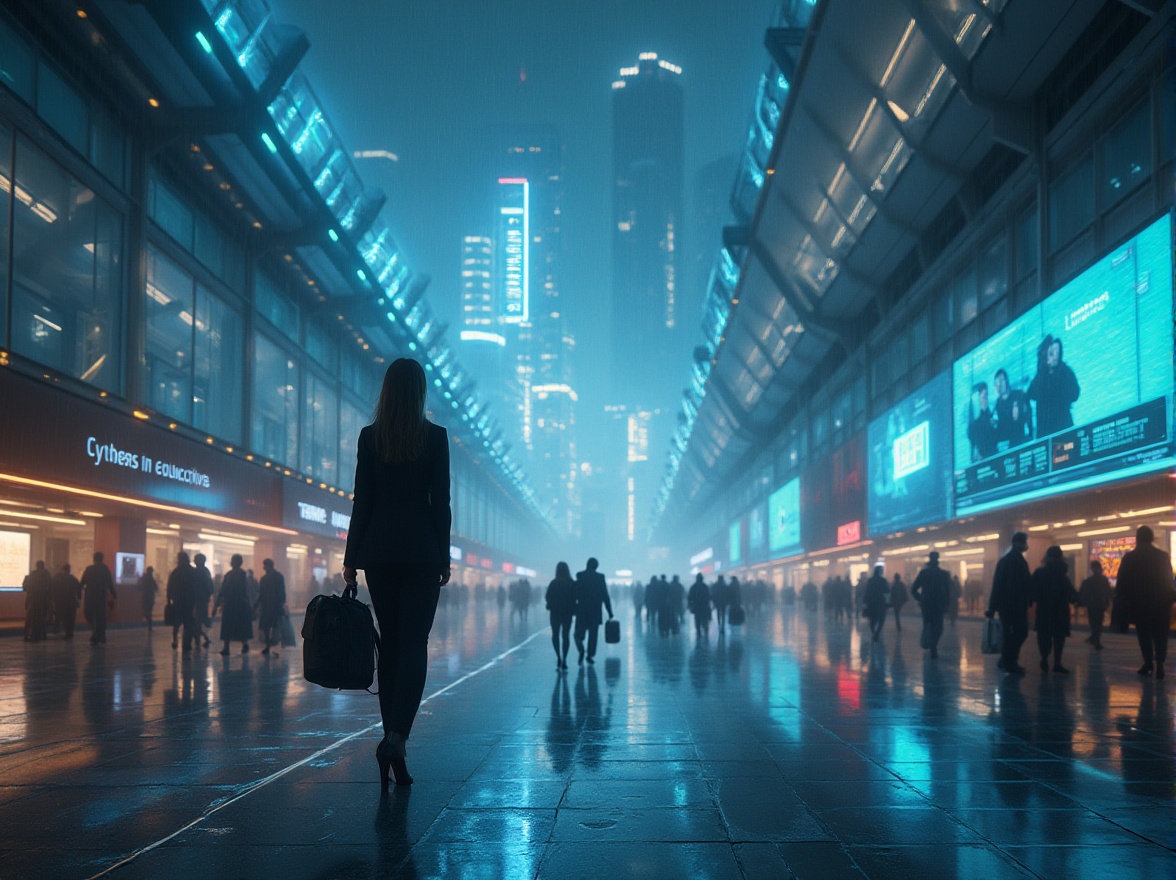 Prompt: Futuristic airport, sleek modern architecture, gleaming metallic surfaces, neon lights, holographic advertisements, bustling crowds, businesswoman in sharp suit, high heels, confident stride, briefcase, tablet, 3/4 composition, panoramic view, dynamic lighting, blur effect, misty atmosphere, towering skyscrapers, urban landscape, rainy night, cinematic mood, cyberpunk tone.