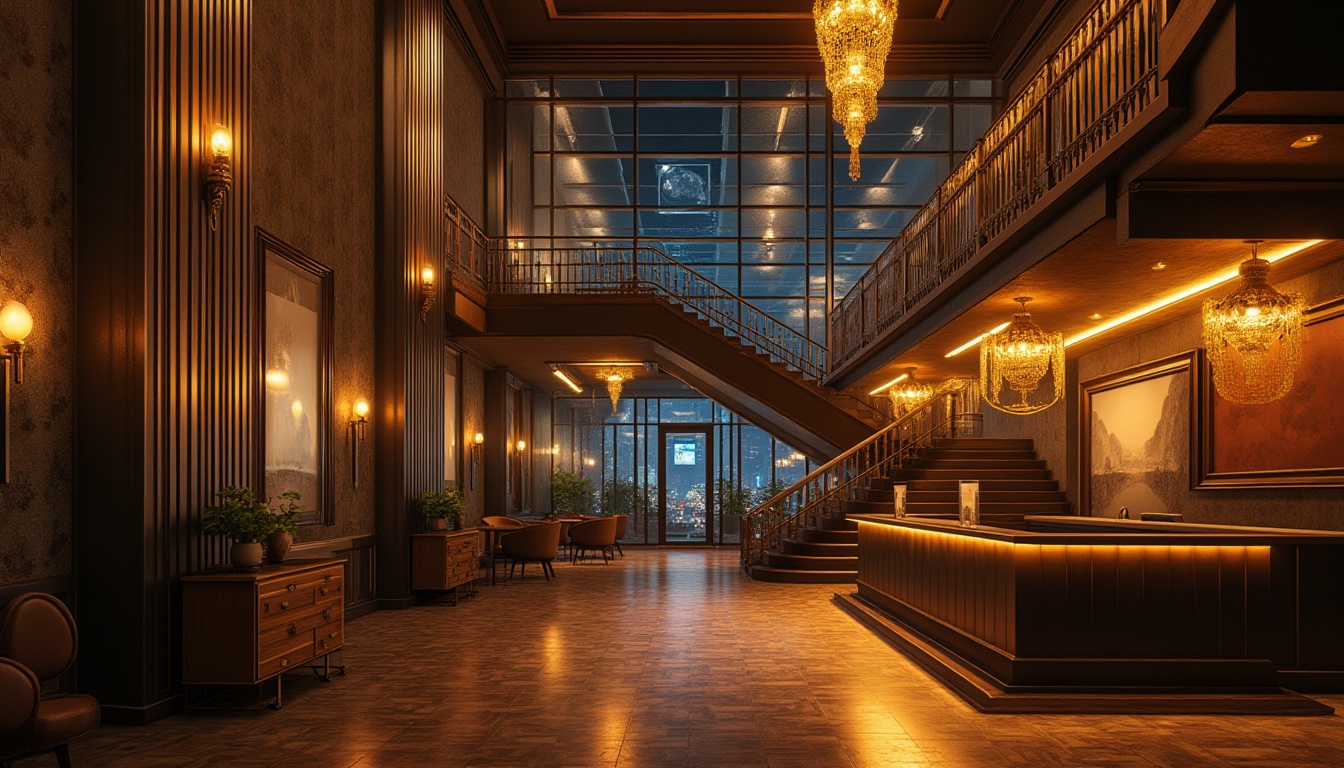 Prompt: Art Deco hostel, luxurious lobby, corrugated metal accents, geometric patterns, ornate chandeliers, grand staircase, sleek reception desk, minimalist furniture, vintage luggage racks, retro-style posters, urban cityscape background, nighttime scene, warm golden lighting, cinematic composition, shallow depth of field, bold shadows, high-contrast colors.