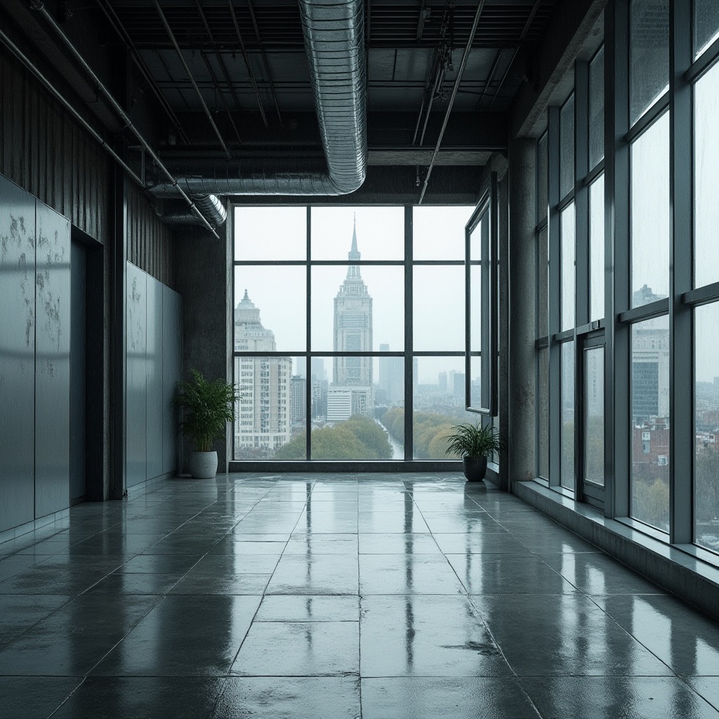 Prompt: Modern industrial interior, steel materials, silver metallic color, sleek lines, minimalist decor, urban loft, concrete floor, exposed ductwork, metal beams, steel frame windows, cityscape view, rainy day, soft natural light, 3/4 composition, shallow depth of field, cinematic mood, realistic texture, high contrast.