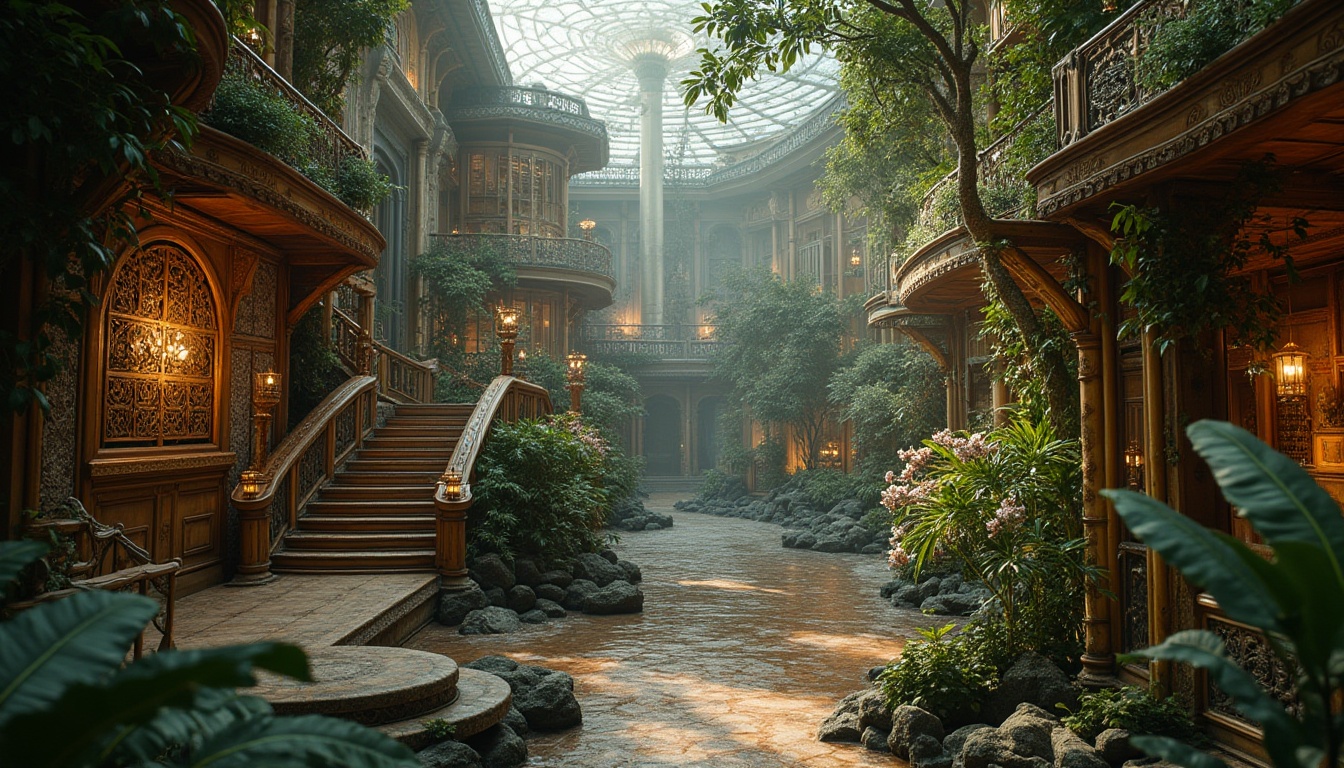 Prompt: Baroque style energy plant, incorporating bamboo material, grandiose architecture, intricate carvings, ornate details, curved lines, golden accents, lush greenery, tropical plants, exotic flowers, misty atmosphere, warm soft lighting, dramatic shadows, 3/4 composition, low-angle shot, majestic scale, industrial pipes, metallic textures, steam vents, bamboo lattice walls, natural wood accents, ornate fountains, grand staircases, luxurious chandeliers, romantic ambiance.