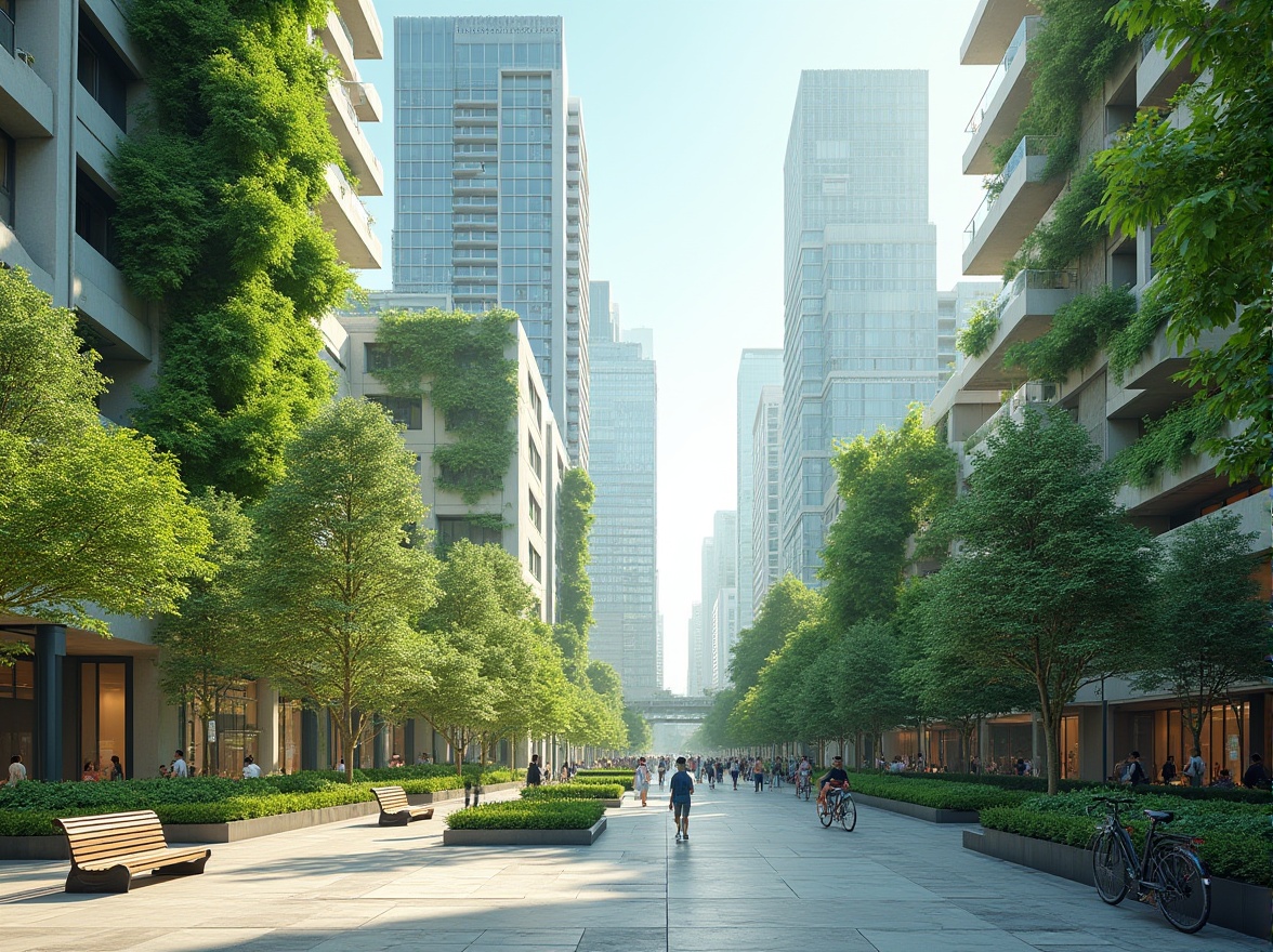 Prompt: Urban landscape, modern city, light green accents, skyscrapers, steel beams, glass windows, vertical gardens, lush greenery, city square, benches, street lamps, pedestrians walking, bicycles parked, sunny day, soft shadows, vibrant atmosphere, natural lighting, 3/4 composition, urban jungle, eco-friendly design.