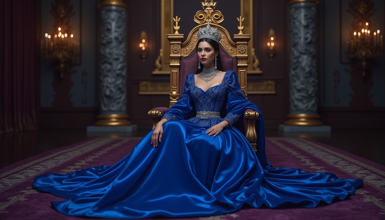 Prompt: Vibrant sapphire blue, luxurious velvet fabric, intricate ornate patterns, regal crown, majestic throne, opulent palace interior, golden accents, lavish drapery, royal crest, mysterious ancient tome, gleaming silver jewelry, high-end fashion model, posing on a lavish purple carpet, dramatic low-key lighting, cinematic composition, 3/4 view, shallow depth of field.