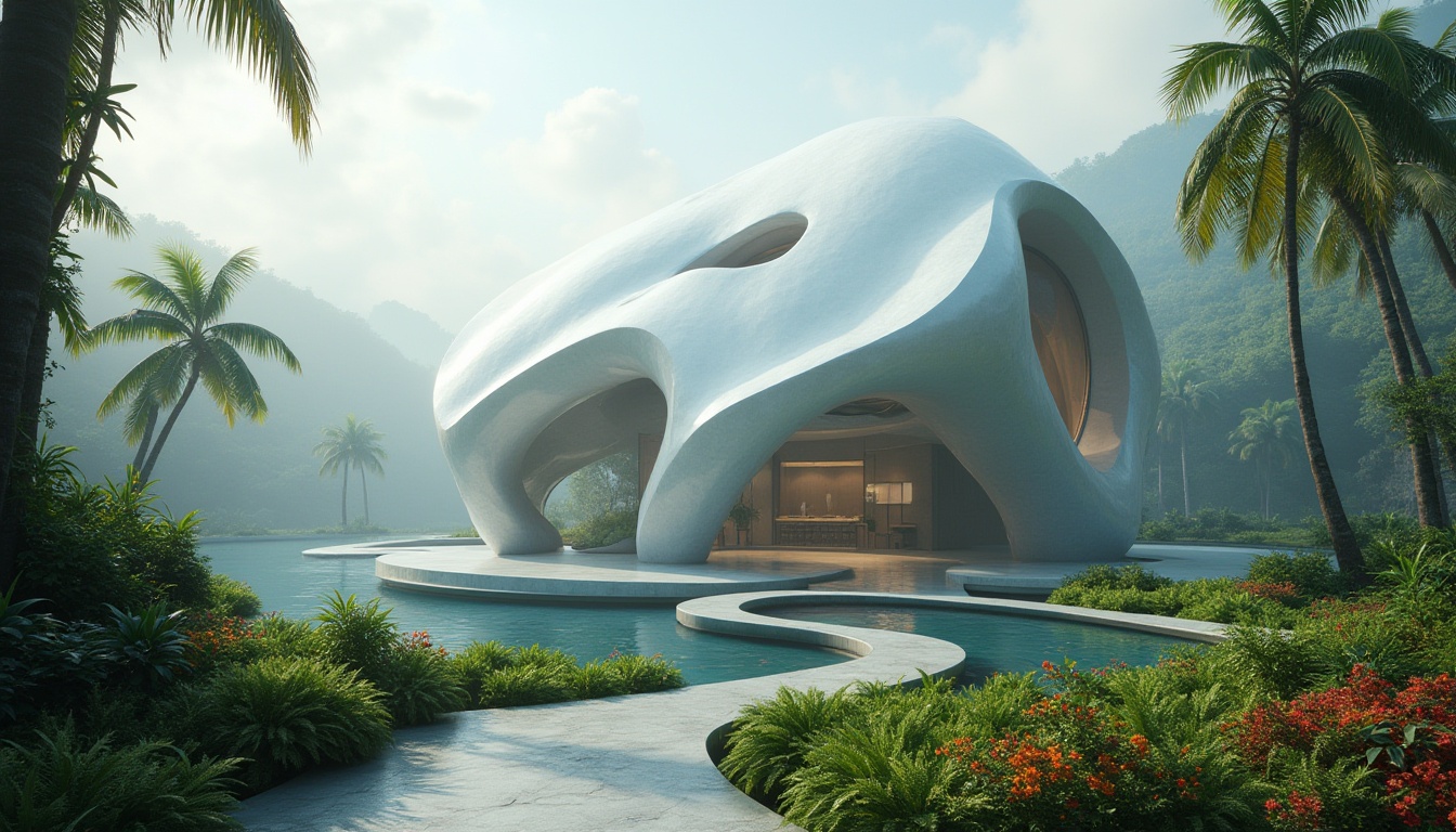 Prompt: Unique Blobitecture building, futuristic, irregular shape, smooth curves, shiny surface, mirror-like reflection, abstract structure, no sharp edges, soft lighting, misty atmosphere, surrounded by lush greenery, tropical plants, vibrant flowers, winding path, avant-garde design, bold composition, 3/4 angle, cinematic depth of field.