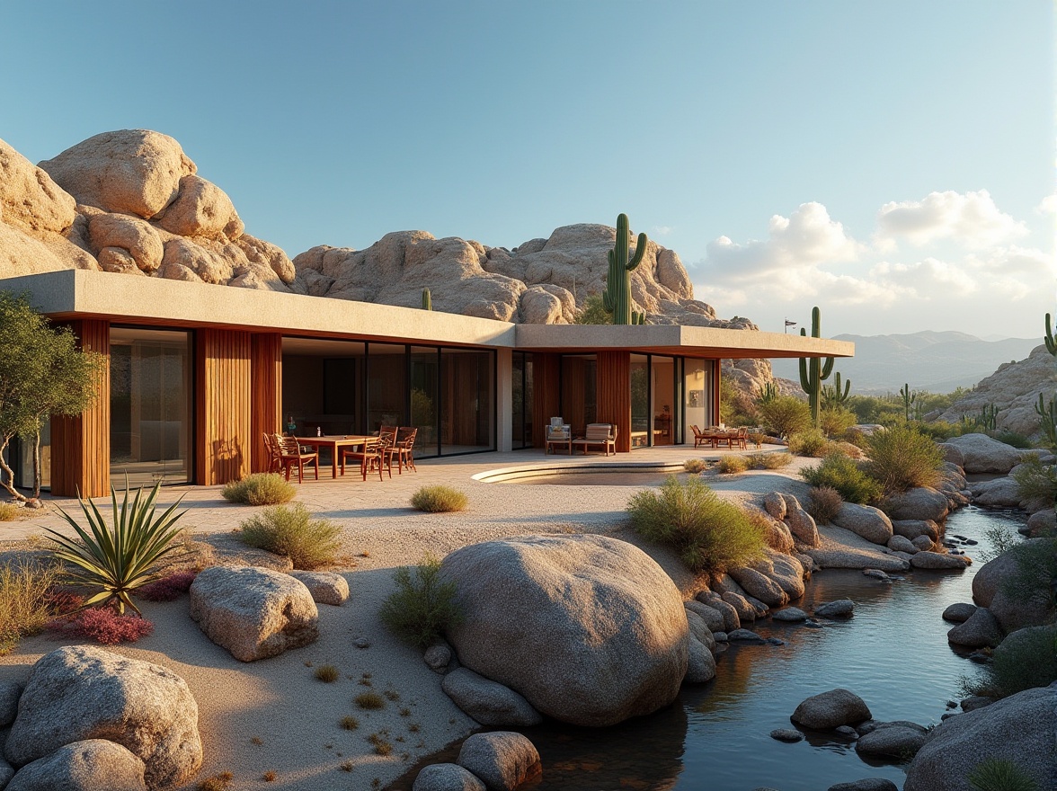 Prompt: Canyon architecture, adapting to climate, modern sustainable design, eco-friendly materials, natural ventilation, large windows, sliding glass doors, outdoor living space, desert landscape, rocky terrain, cacti, succulents, dry riverbed, blue sky, few white clouds, warm sunlight, dramatic shadows, rustic wooden accents, stucco walls, earthy tones, blend with surroundings, panoramic view, 3/4 composition, soft natural lighting.