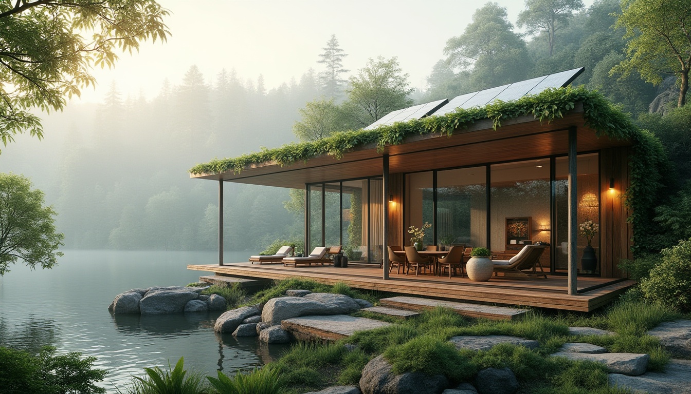 Prompt: Lakefront modern villa, sustainable practices, eco-friendly, solar panels on roof, greenery-covered walls, large windows, minimal waste design, recycled materials, natural textures, wooden accents, floor-to-ceiling glass doors, panoramic view of serene lake, lush green forest surroundings, misty morning atmosphere, soft warm lighting, 3/4 composition, shallow depth of field.