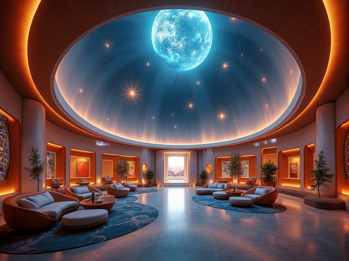 Prompt: Futuristic planetarium, fusion architecture, grand entrance, celestial patterns on dome ceiling, soft glowing lights, starry night sky projection, comfortable seating areas, plush cushions, wooden accents, metallic details, vibrant colors, geometric shapes, abstract art pieces, panoramic view, 3/4 composition, warm ambient lighting, shallow depth of field, inviting atmosphere, modern furniture, sleek lines, minimalistic decor, high ceiling, open space, dynamic angles, cinematic composition.