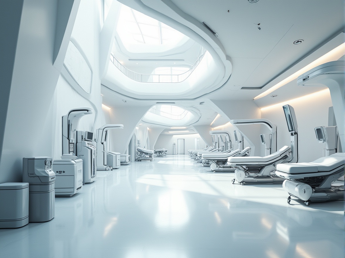 Prompt: Constructivist healthcare facility, futuristic architecture, white and silver color scheme, complex geometric shapes, fragmented structures, abstract patterns on walls and floors, innovative medical equipment, robotic assistive machines, minimalist decor, natural light pouring through angular windows, bold shadows, dynamic composition, 3/4 view, shallow depth of field, sterile atmosphere, soft ambient lighting.