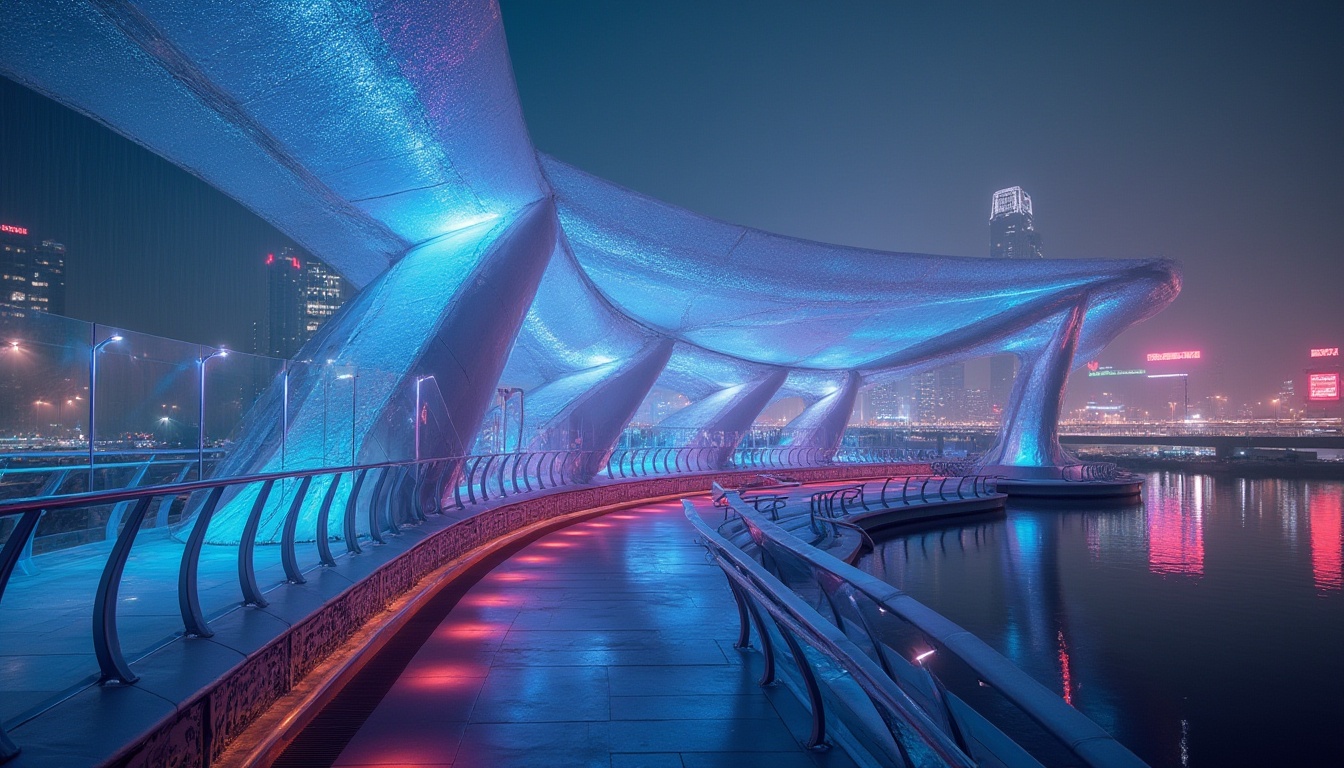 Prompt: Futuristic pedestrian bridge, innovative fabrics material, iridescent colors, neon lights, sleek metallic structure, curved lines, glass railings, transparent flooring, urban cityscape, nighttime, misty atmosphere, soft ambient lighting, cinematic composition, 3/4 view angle, shallow depth of field, vibrant city lights reflecting off the water surface.