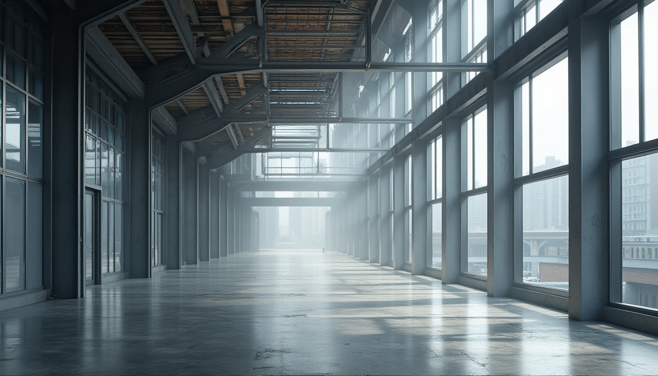 Prompt: Modern industrial building, incorporating steel materials, sleek lines, metallic texture, glass windows, minimalist interior, steel beams, concrete floors, urban cityscape, daytime, natural light pouring in, 3/4 composition, soft focus on background, sharp focus on foreground, neutral color palette, atmospheric mist.