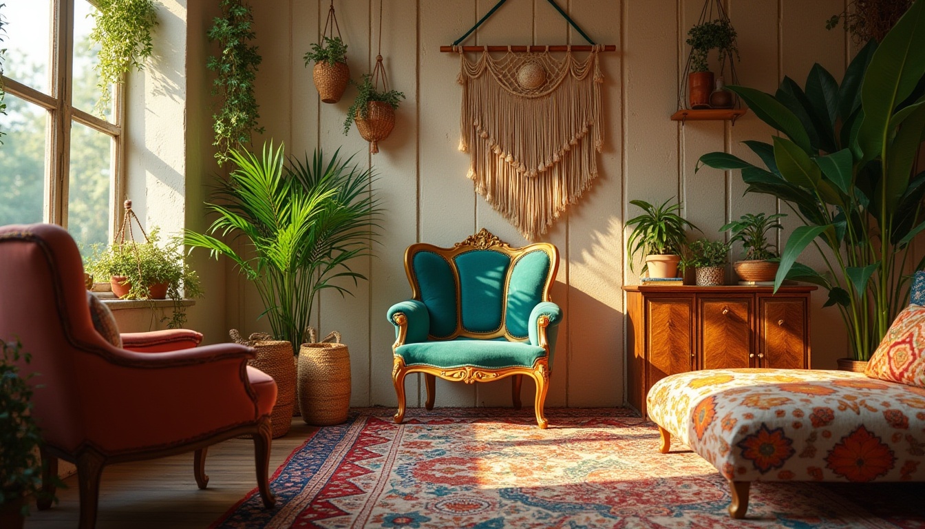 Prompt: Eclectic chic, bohemian-inspired interior, vintage armchair, velvet upholstery, golden frame, ornate legs, Moroccan-tiled coffee table, lush greenery, hanging plants, macrame wall decor, distressed wooden walls, rustic windows, soft warm lighting, afternoon sunbeams, cozy atmosphere, warm beige tones, rich textures, mix-and-match patterns, bold colorful accents, playful eclectic vibe, 3/4 composition, shallow depth of field, warm ambient light, cinematic feel.