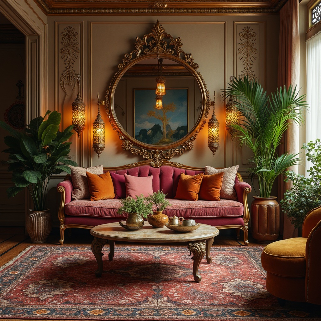 Prompt: Eclectic interior design, luxurious living room, richly textured rug, ornate gold frame mirror, vintage velvet sofa, distressed wood coffee table, Moroccan-inspired lanterns, lush green plants, abstract modern art pieces, bold colorful throw pillows, intricate patterned wallpaper, warm golden lighting, 3/4 composition, cinematic angle, soft focus background.