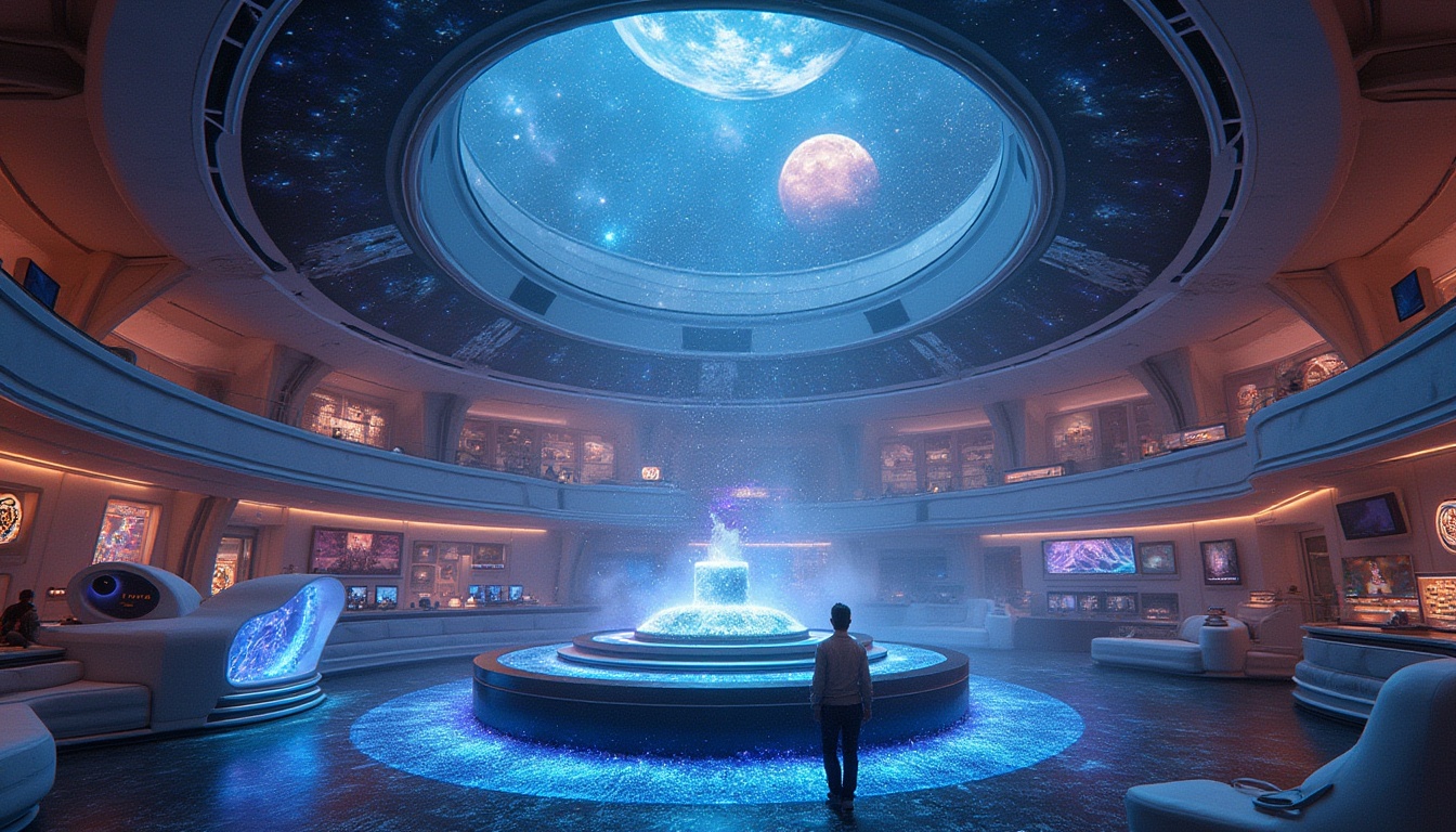 Prompt: Futuristic planetarium, fusion architecture, majestic dome-shaped structure, metallic materials, neon lights, holographic projections, celestial body displays, stardust-inspired interior design, interactive exhibits, virtual reality experience zones, 3D projection mapping, galaxy-patterned flooring, futuristic seating areas, ambient lighting, misty atmospheric effects, panoramic view, high-angle shot, cinematic composition.